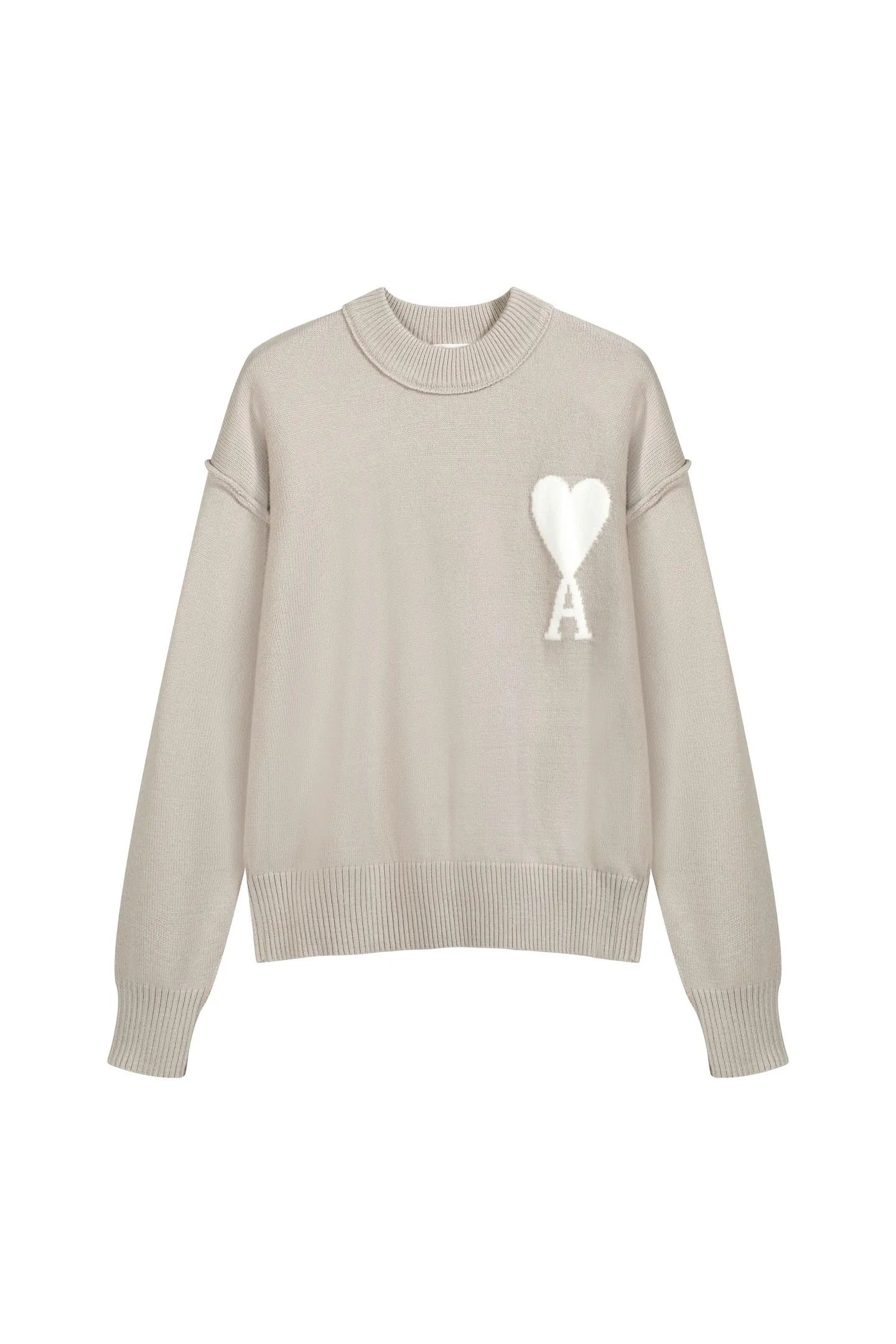 Milk tea color In Stock 🚨 A 9008#AM French minimalist style peach heart logo reverse rib round neck sweater Camel Royal Blue Light Blue Milk tea color White black heart Black red heart 116 A 9008#21019003